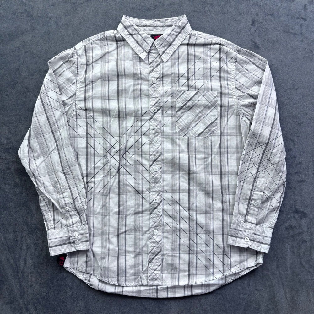 Tony Hawk Mens Long Sleeve Button Down Plaid Shirt White Grey HK042820-05 Medium